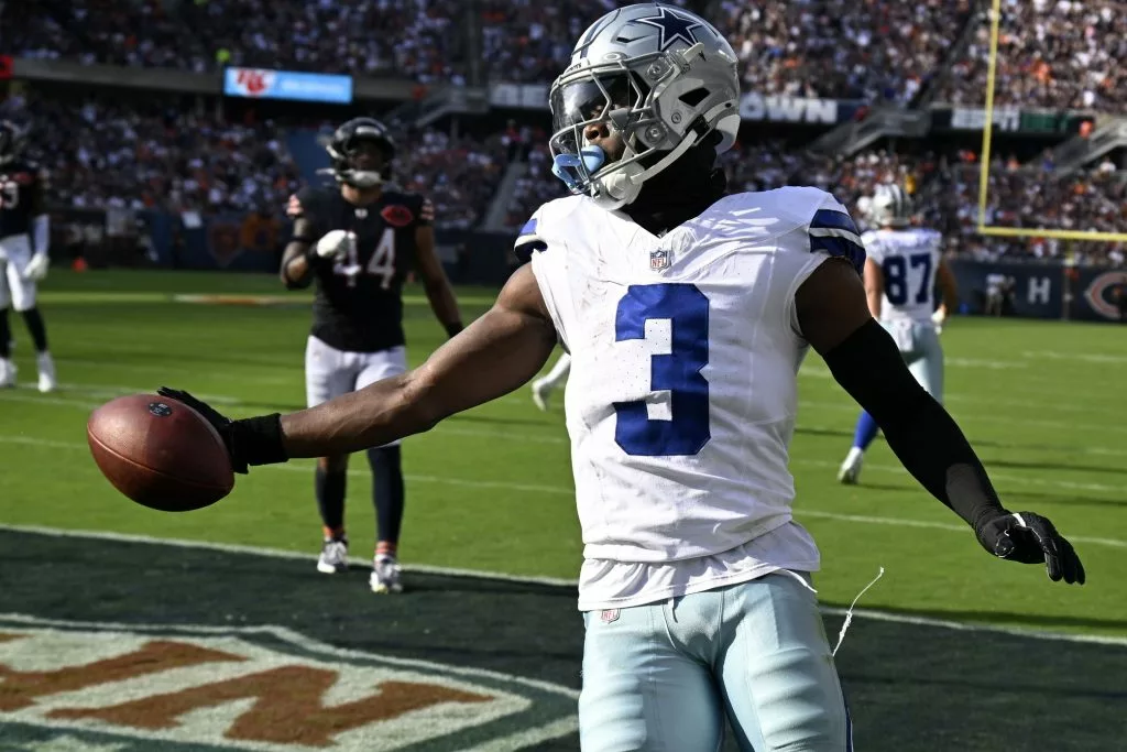 Sep 21, 2025; Chicago, Illinois, USA; Dallas Cowboys wide receiver George Pickens (3) reacts after scoring a touchdown against the Chicago Bears during the first half at Soldier Field. Mandatory Credit: Matt Marton-Imagn Images
