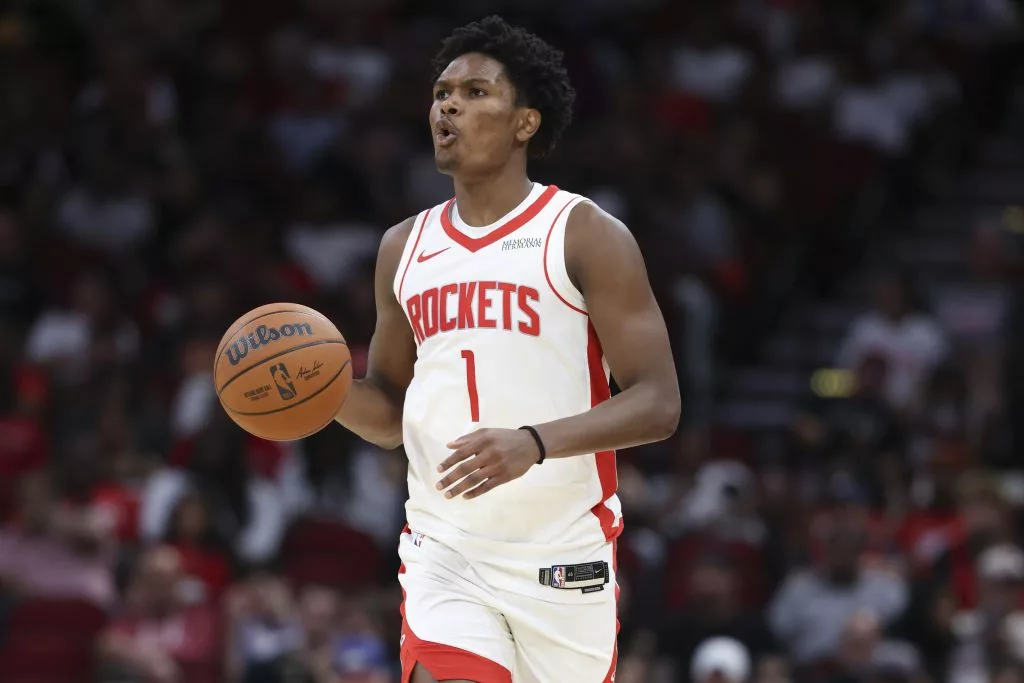 Oct 6, 2025; Houston, Texas, USA; Houston Rockets guard Amen Thompson (1) dribbles the ball during the second quarter against the Atlanta Hawks at Toyota Center. Mandatory Credit: Troy Taormina-Imagn Images