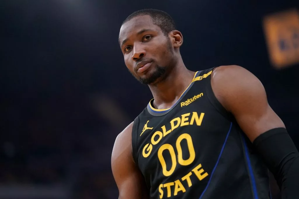 May 12, 2025; San Francisco, California, USA; Golden State Warriors forward Jonathan Kuminga (00) stands on the court before a play against the Minnesota Timberwolves in the second quarter during game four of the second round for the 2025 NBA Playoffs at Chase Center. Mandatory Credit: Cary Edmondson-Imagn Images