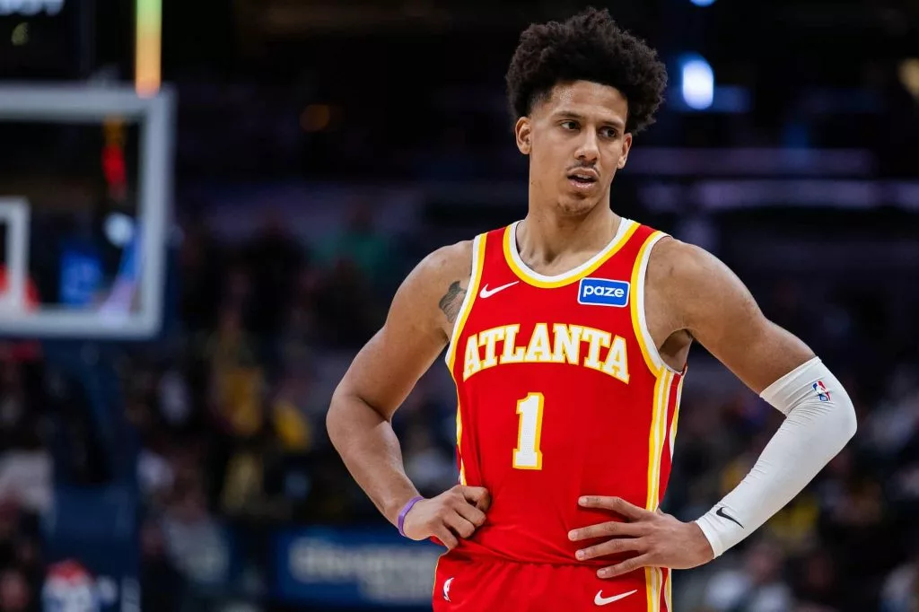 Atlanta Hawks forward Jalen Johnson (1) in the second half against the Indiana Pacers at Gainbridge Fieldhouse. Trevor Ruszkowski-Imagn Images
