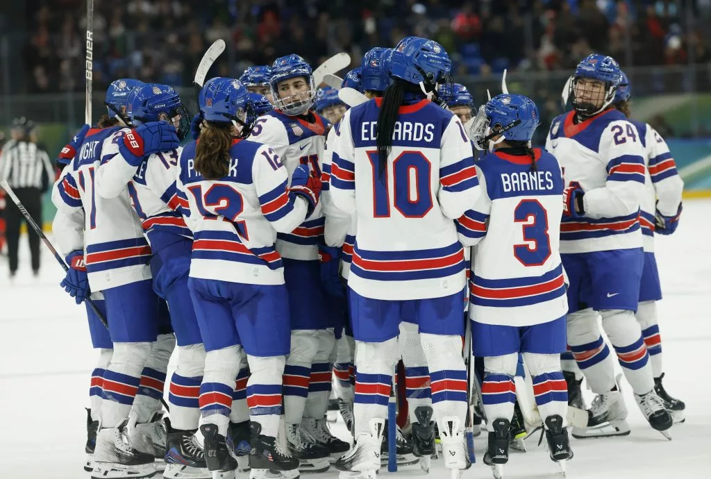 United States players celebrate after defeating Canada in women's ice hockey group A play during the Milano Cortina 2026 Olympic Winter Games at Milano Santagiulia Ice Hockey Arena. Geoff Burke-Imagn Images