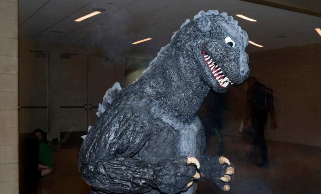 Godzilla costume at GalaxyCon 2026 - prediction markets for Godzilla Minus Zero